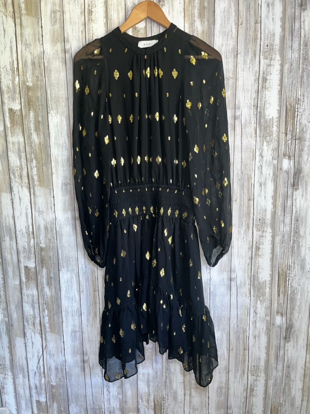 A.L.C. Sydney Silk Shirtdress Black Gold Metallic Print Ruffle Keyhole Dress XS - Picture 2 of 8